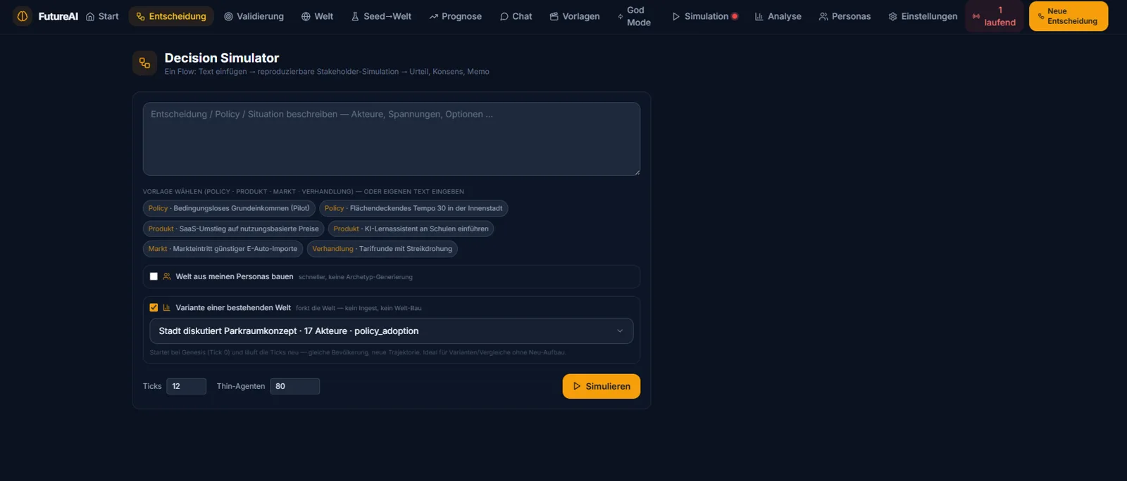 FutureAI Decision Simulator für Varianten und begründete Urteile